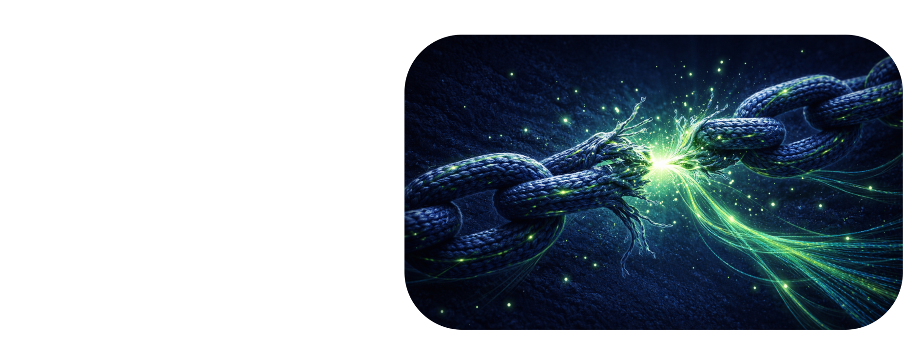 Corrente rompendo com energia — metáfora da ruptura com o modelo antigo das malharias